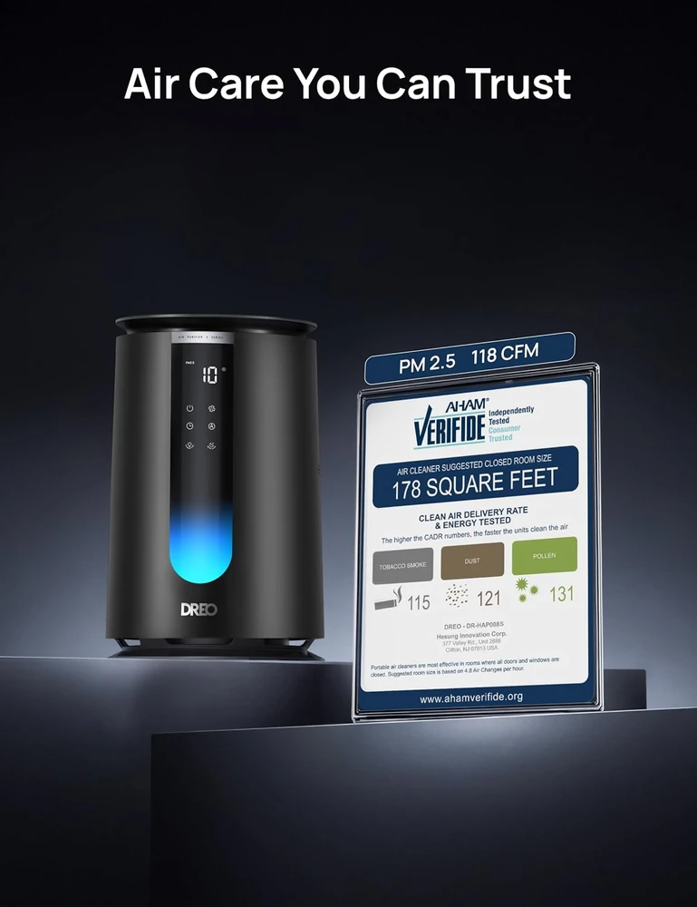 DREO oro valytuvas miegamajam su HEPA filtru, 195 m³/h CADR, Wi-Fi, DR-HAP008S Juodas