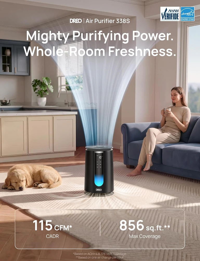 DREO oro valytuvas miegamajam su HEPA filtru, 195 m³/h CADR, Wi-Fi, DR-HAP008S Juodas