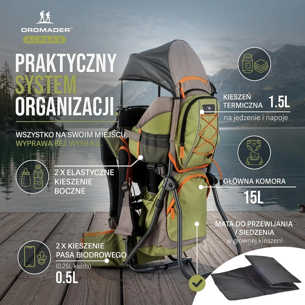 DROMADER turistinė vaikiška kuprinė-nešioklė su stogeliu ir apsauga nuo lietaus Baby Carrier