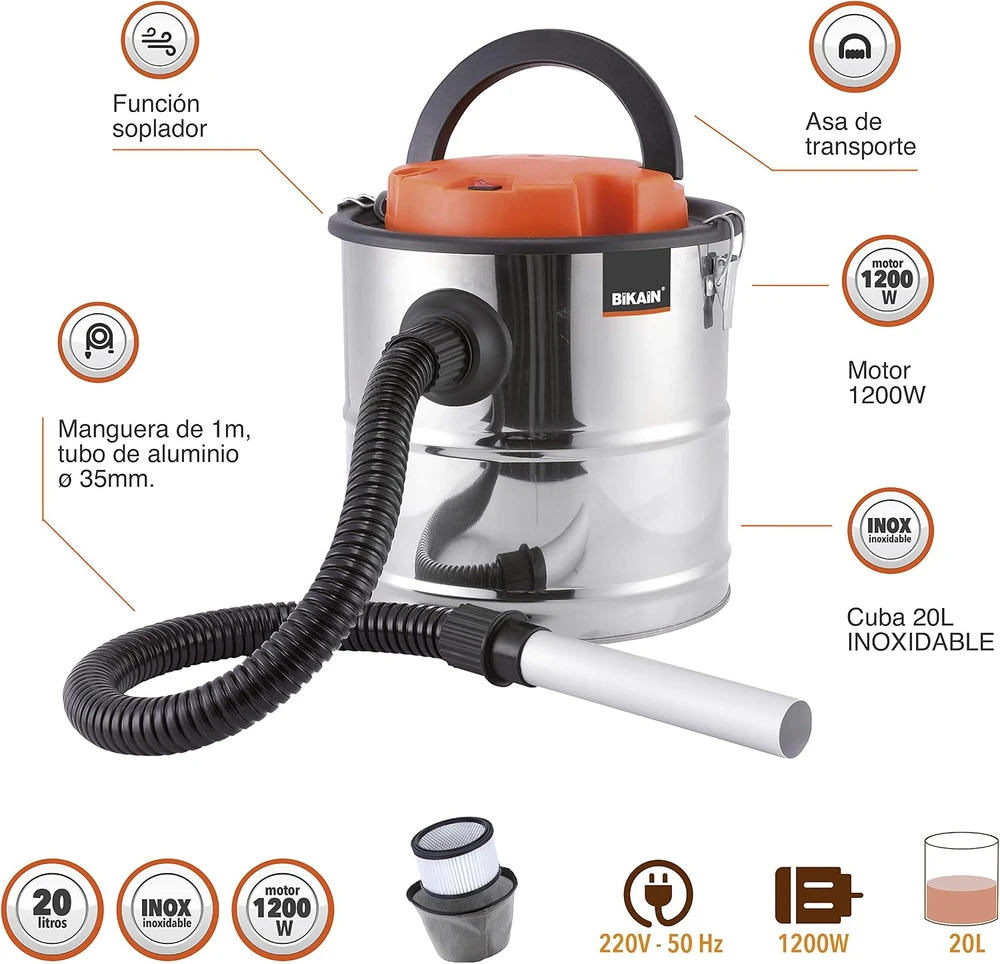 Dulkių siurblys Bikain pelenų siurblys 1200 W, 20 l, HEPA filtras, nerūdijančiojo plieno DI1200INOX