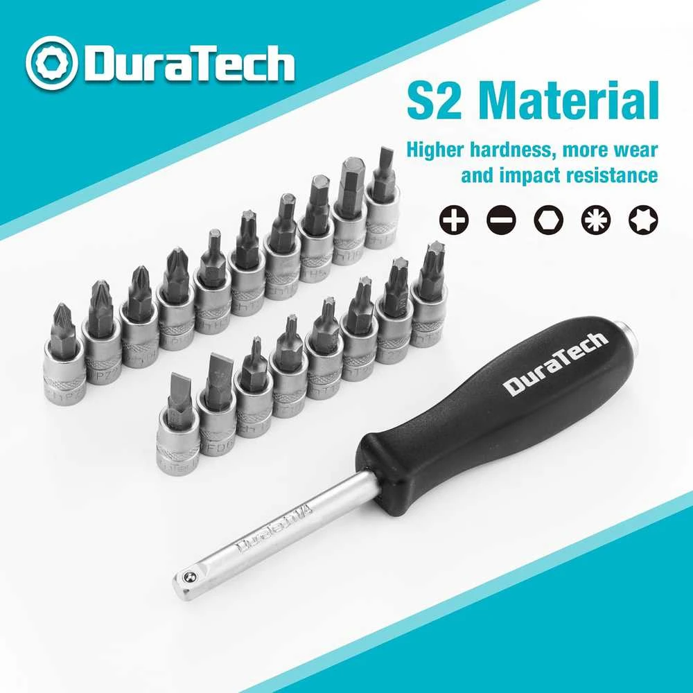 DURATECH 108 dalių galvučių rinkinys su dvipuse terkšle, kvadratinis 1/2" ir 1/4"
