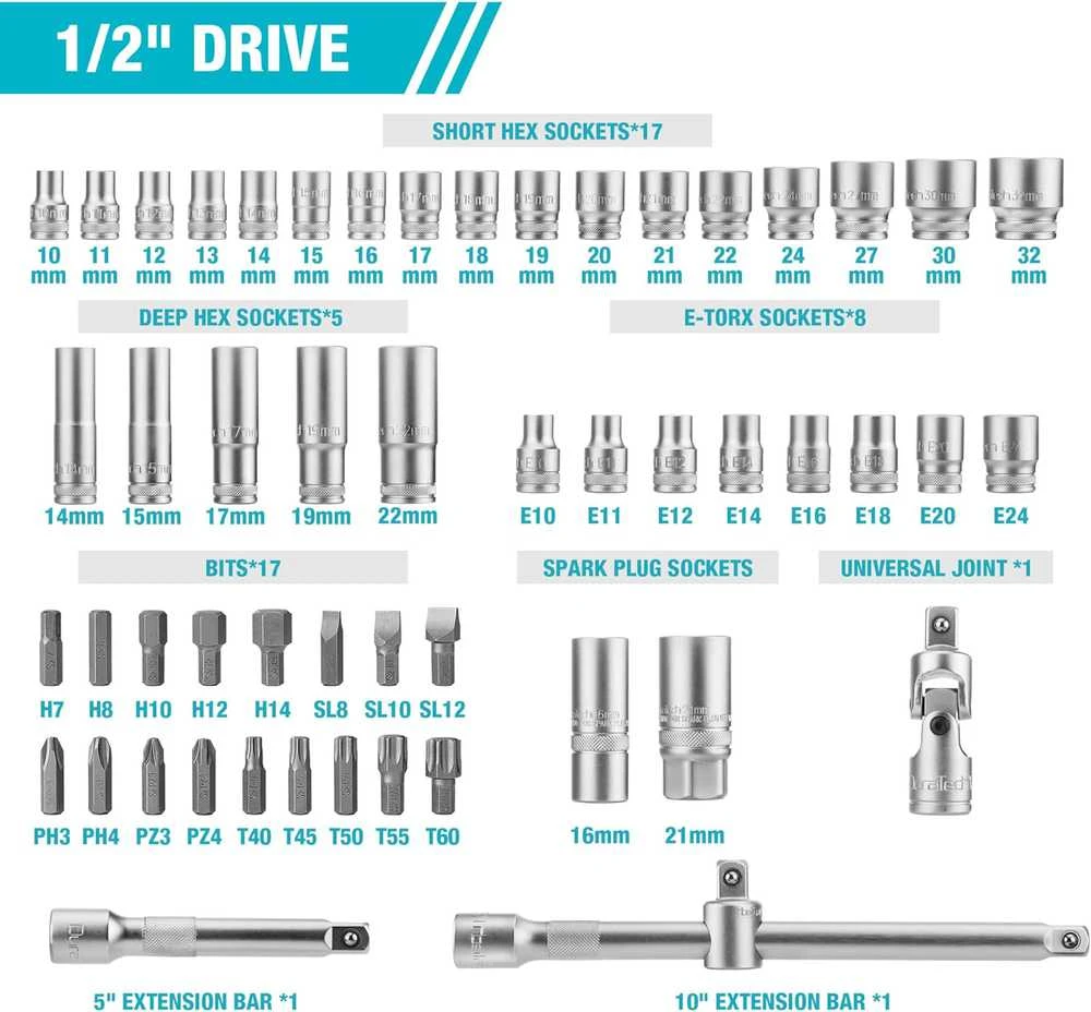 DURATECH 108 dalių galvučių rinkinys su dvipuse terkšle, kvadratinis 1/2" ir 1/4"