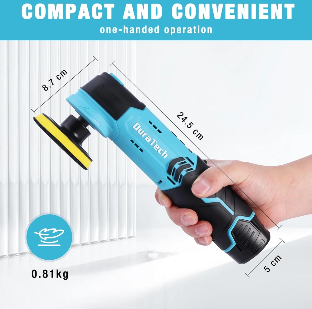 DURATECH akumuliatorinė mini poliravimo mašinėlė 12 V, 600–3000 aps./min, 50 mm ir 80 mm diskais, DT105149