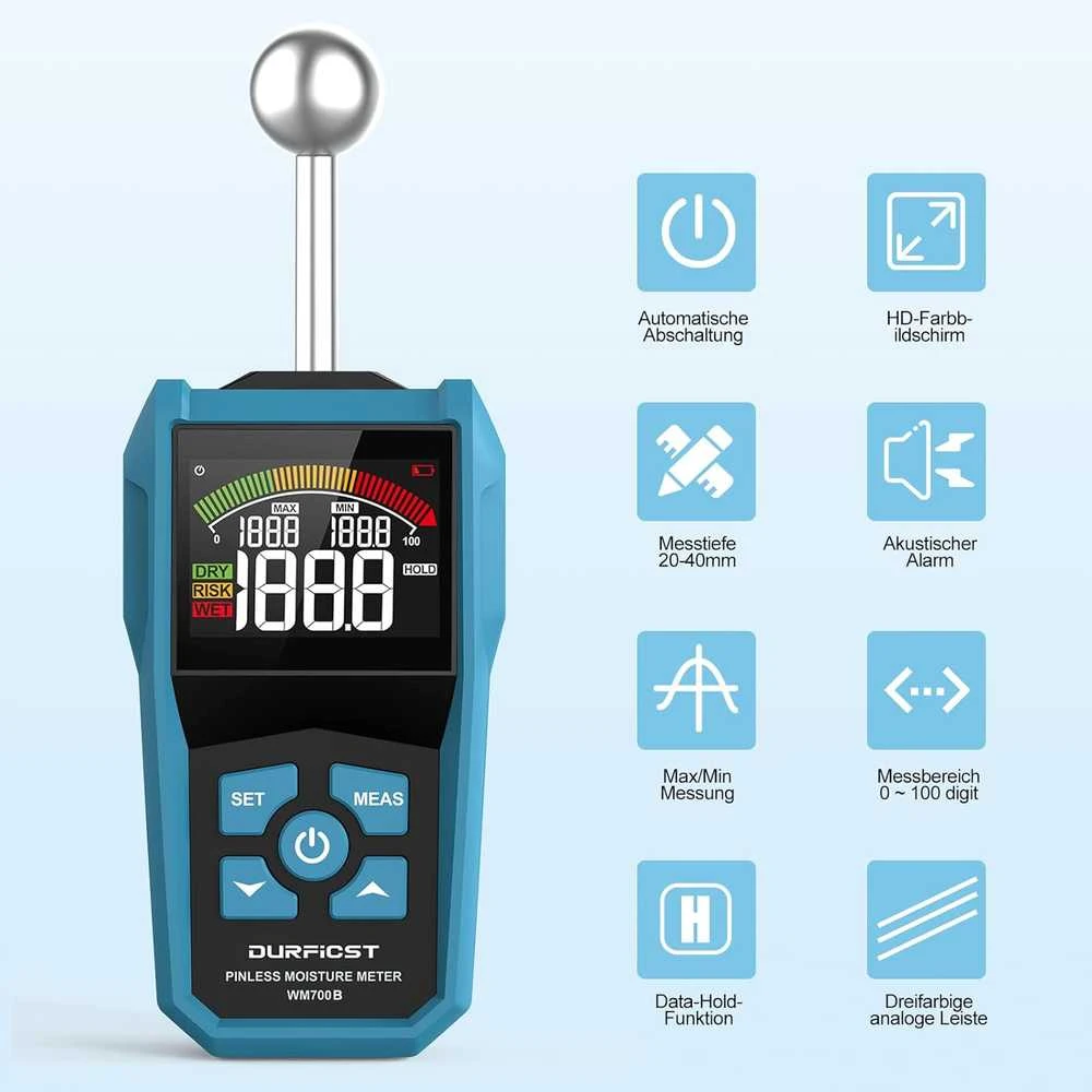 DURFICST drėgmės matuoklis su LCD ekranu, garsiniu signalu, 5–40 mm gyliui, WM700B