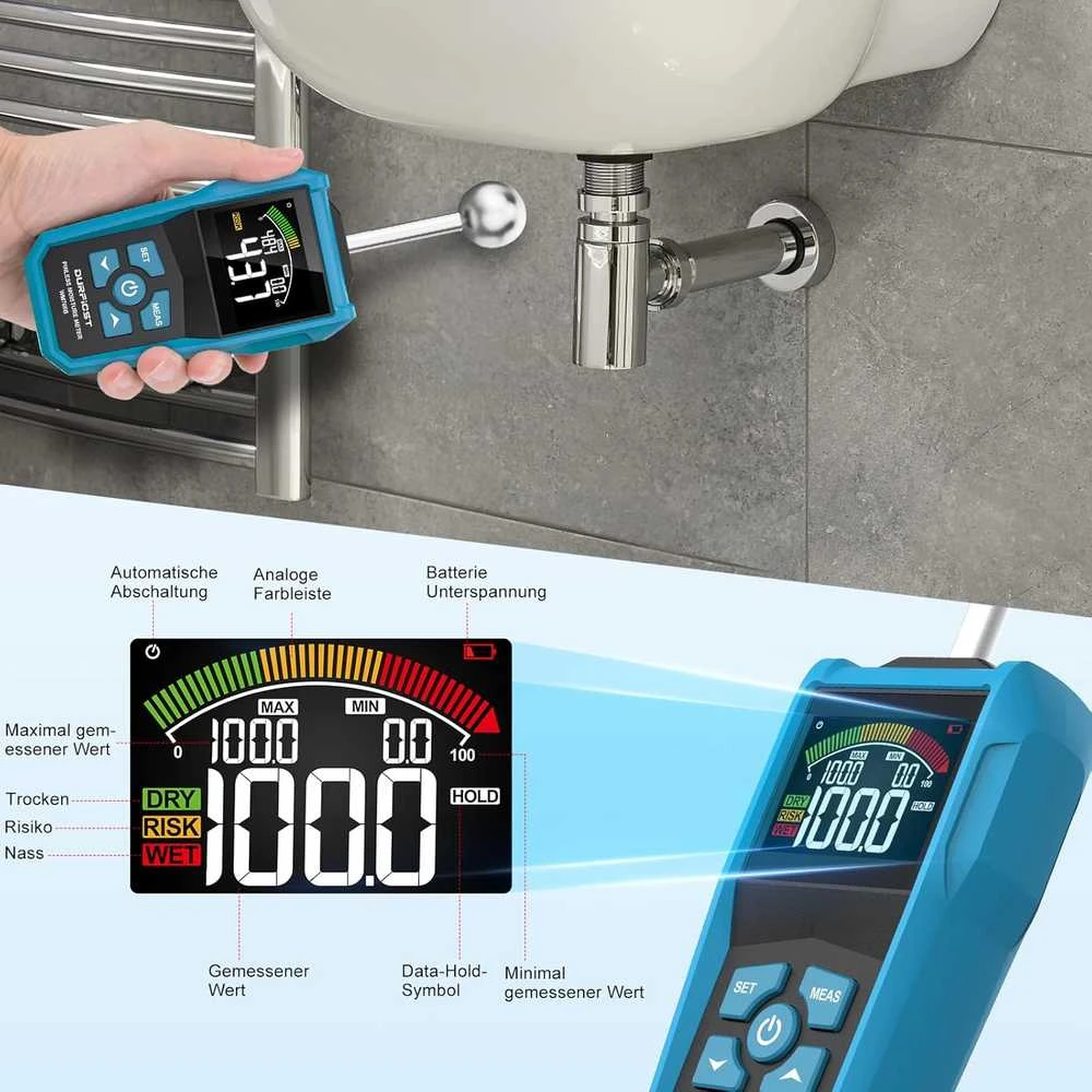 DURFICST drėgmės matuoklis su LCD ekranu, garsiniu signalu, 5–40 mm gyliui, WM700B