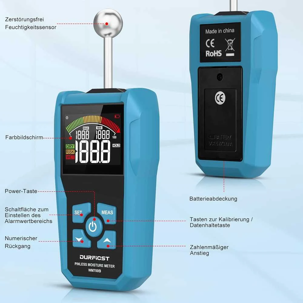 DURFICST drėgmės matuoklis su LCD ekranu, garsiniu signalu, 5–40 mm gyliui, WM700B