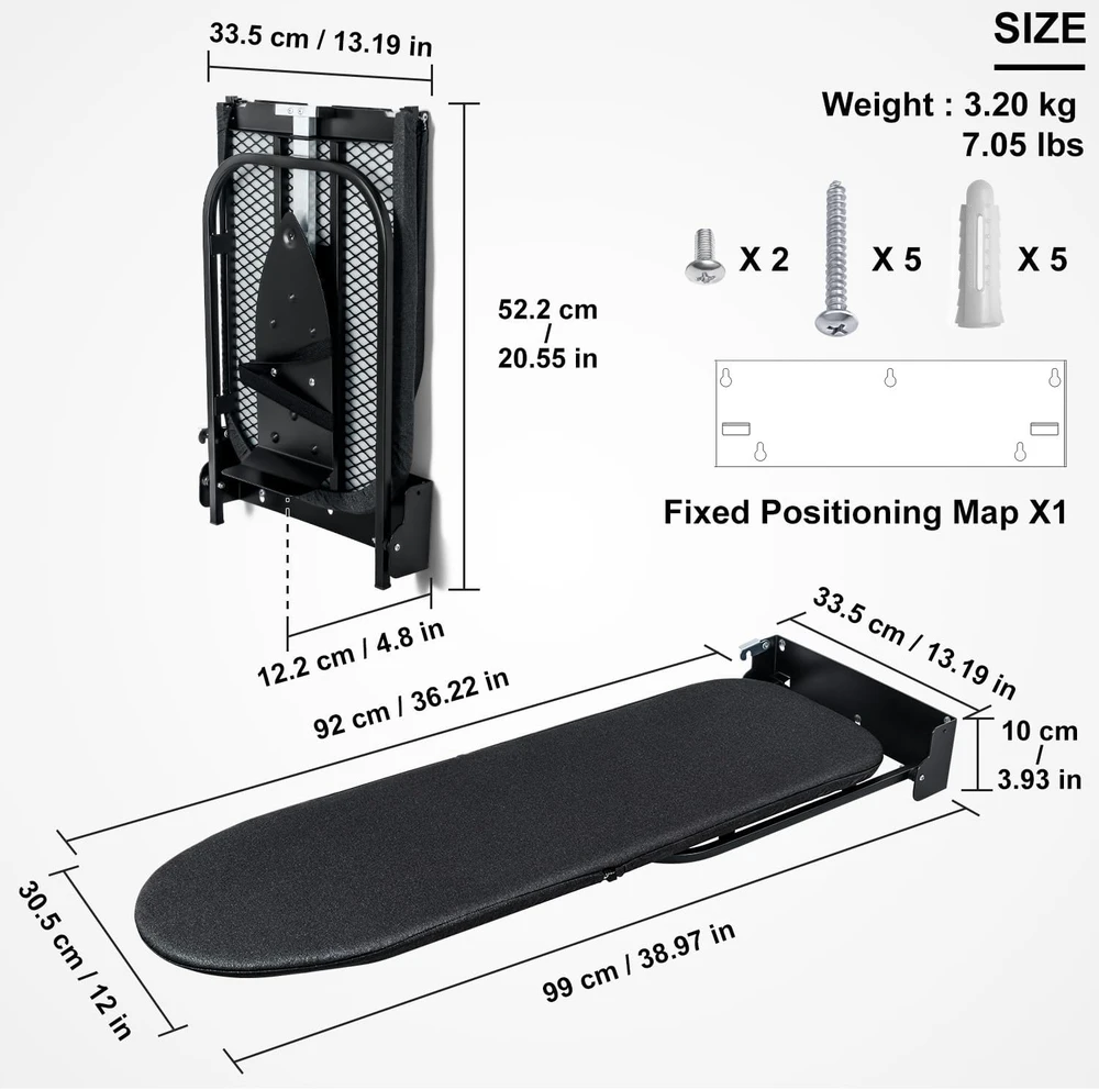 Duwee sieninė lyginimo lenta su lygintuvo laikikliu, sulankstoma, 31 x 91,5 cm, juoda, Wall1236 iron holder-Juodas