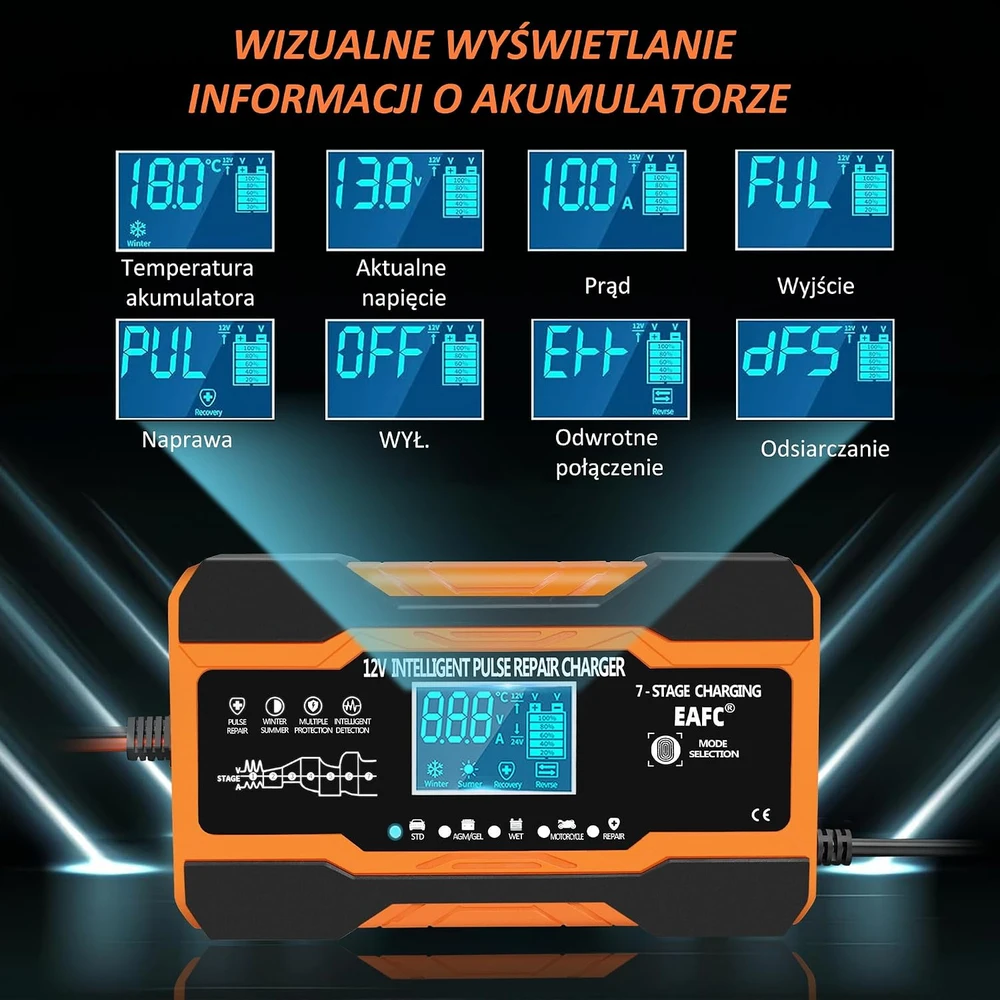 EAFC automobilinis akumuliatorių įkroviklis 12 V 12 A su LCD ekranu Rj-C121201A