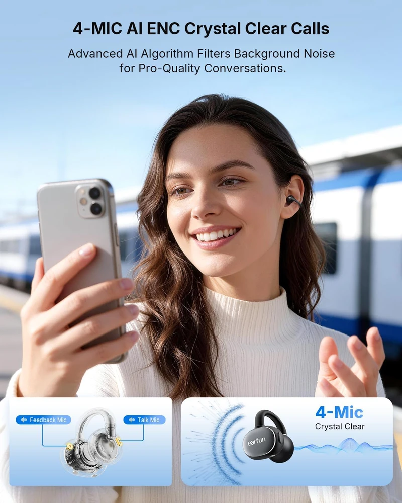 EarFun atviros konstrukcijos belaidės ausinės su Bluetooth 6, Hi-Res Audio, LDAC, IP55, 40 val. veikimo trukmės