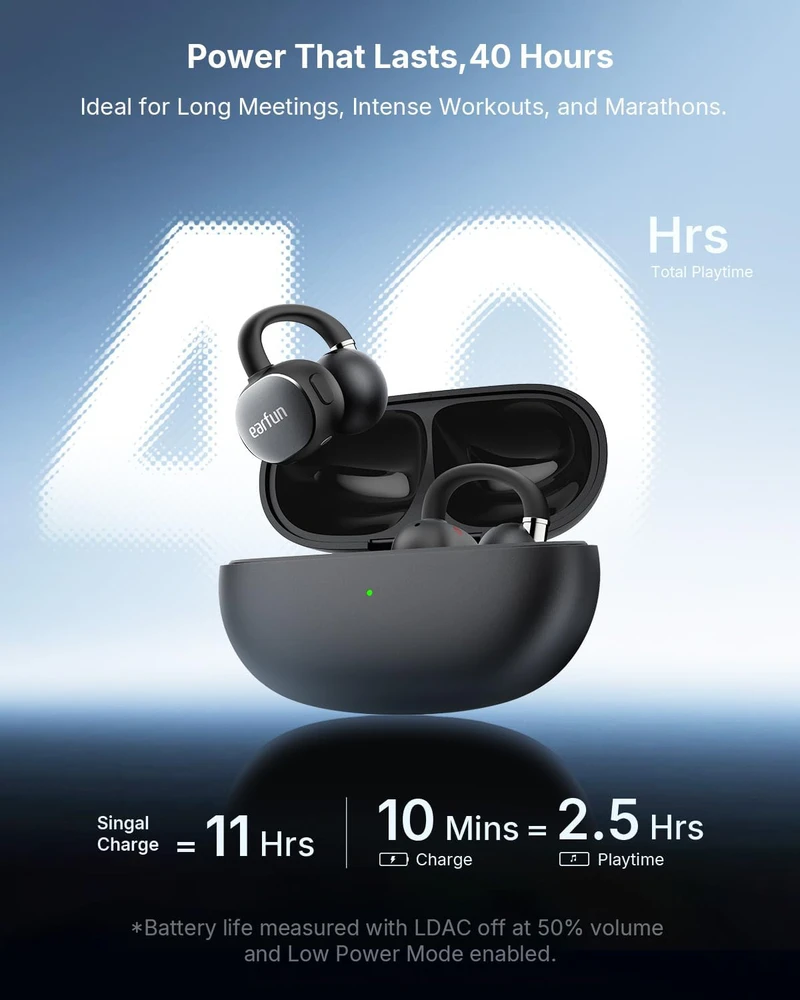 EarFun atviros konstrukcijos belaidės ausinės su Bluetooth 6, Hi-Res Audio, LDAC, IP55, 40 val. veikimo trukmės