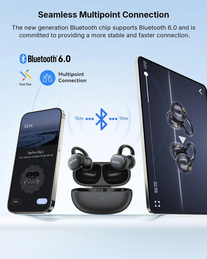 EarFun atviros konstrukcijos belaidės ausinės su Bluetooth 6, Hi-Res Audio, LDAC, IP55, 40 val. veikimo trukmės