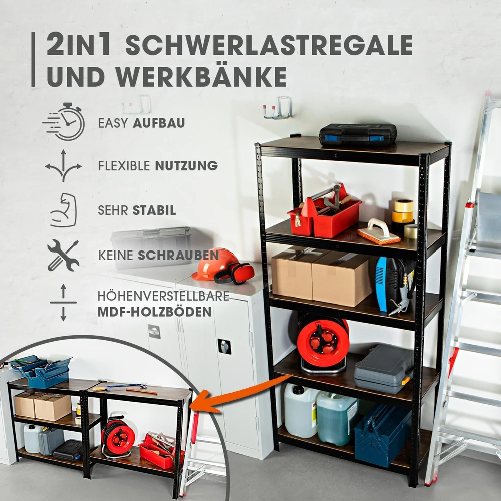 EASYmaxx metalinė sunkioji lentyna, 180 x 90 x 40 cm, 5 reguliuojamos MDF lentynos, 875 kg apkrova, modelis 15642