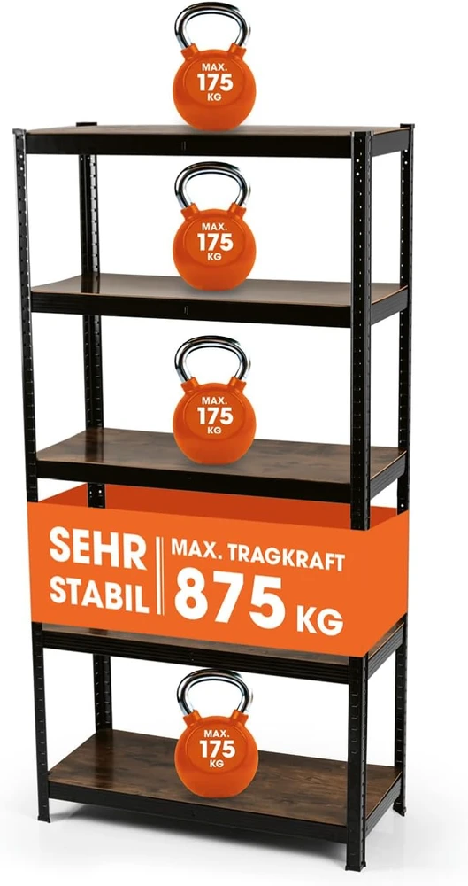 EASYmaxx metalinė sunkioji lentyna, 180 x 90 x 40 cm, 5 reguliuojamos MDF lentynos, 875 kg apkrova, modelis 15642