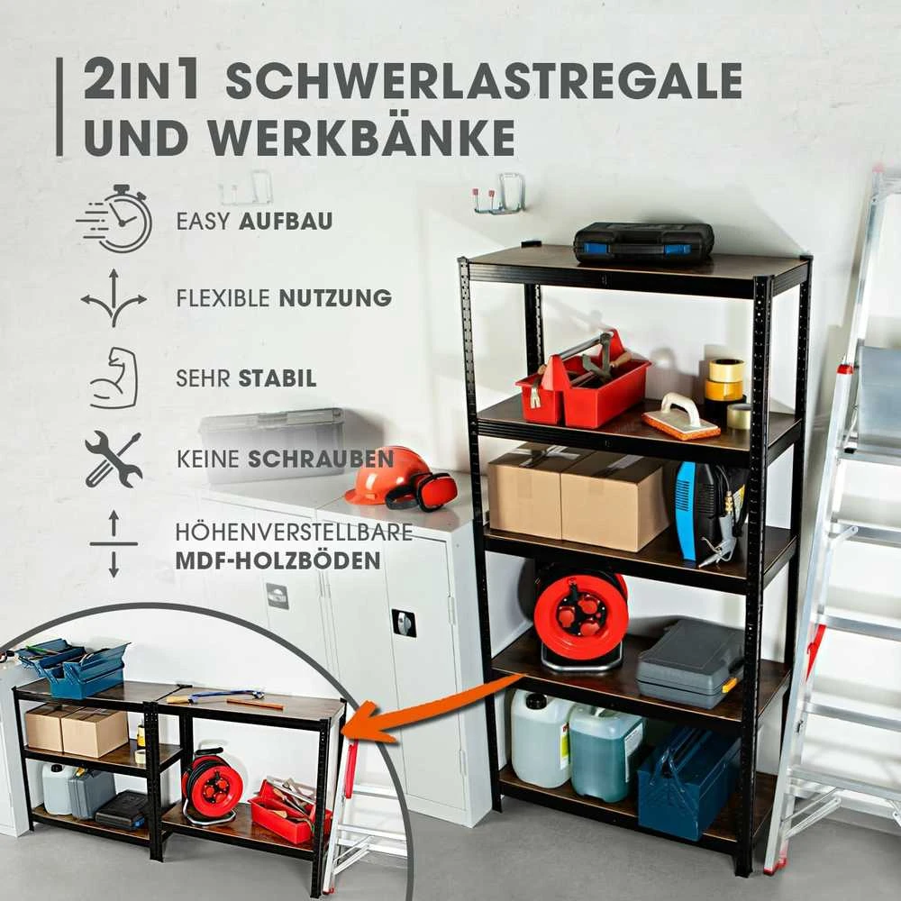 EASYmaxx metalinė sunkioji lentyna, 180 x 90 x 40 cm, 5 reguliuojamos MDF lentynos, 875 kg apkrova, modelis 15642