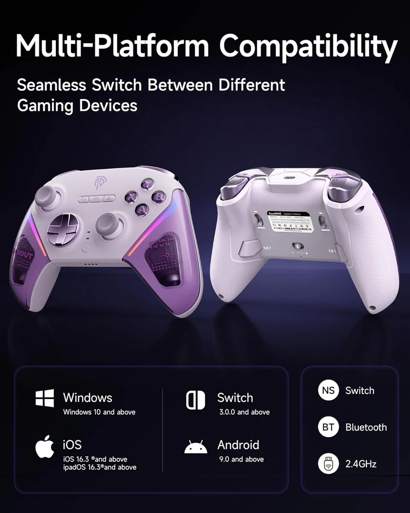 EasySMX belaidis žaidimų pultas su RGB, Hall joystick ir įkrovimo stotele D10, suderinamas su PC, Switch, Android, iOS (violetinis)