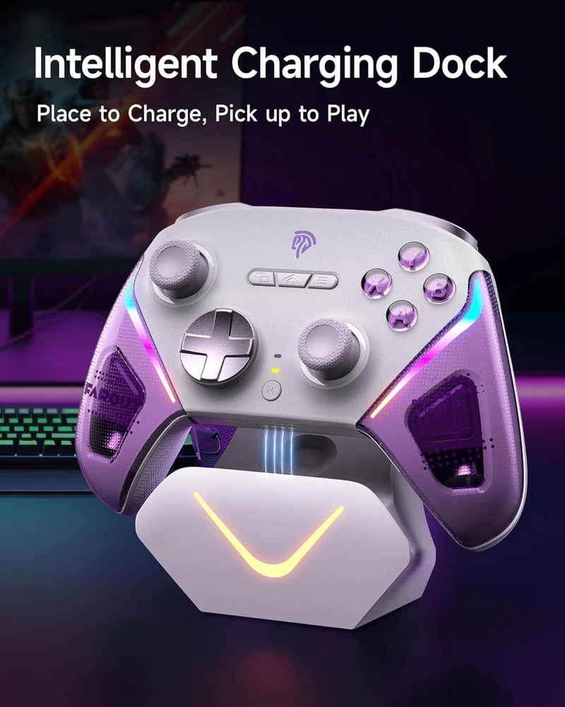 EasySMX belaidis žaidimų pultas su RGB, Hall joystick ir įkrovimo stotele D10, suderinamas su PC, Switch, Android, iOS (violetinis)