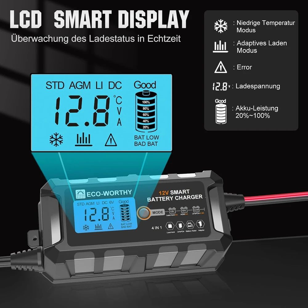 ECO-WORTHY akumuliatorių įkroviklis LiFePO4 ir švino-rūgšties 12 V 5 A SAE EPA1205L