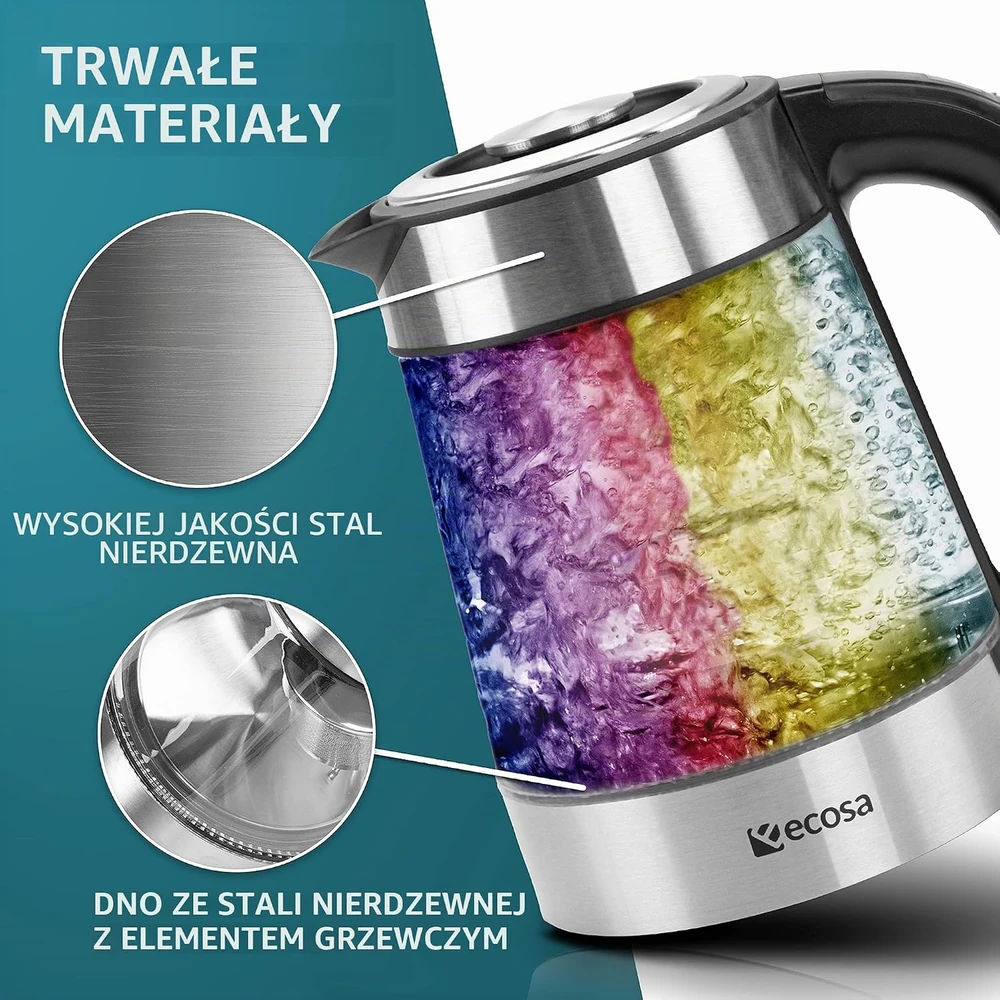 ecosa elektrinis stiklinis virdulys 1,7 l, 2200 W su temperatūros reguliavimu EO-600