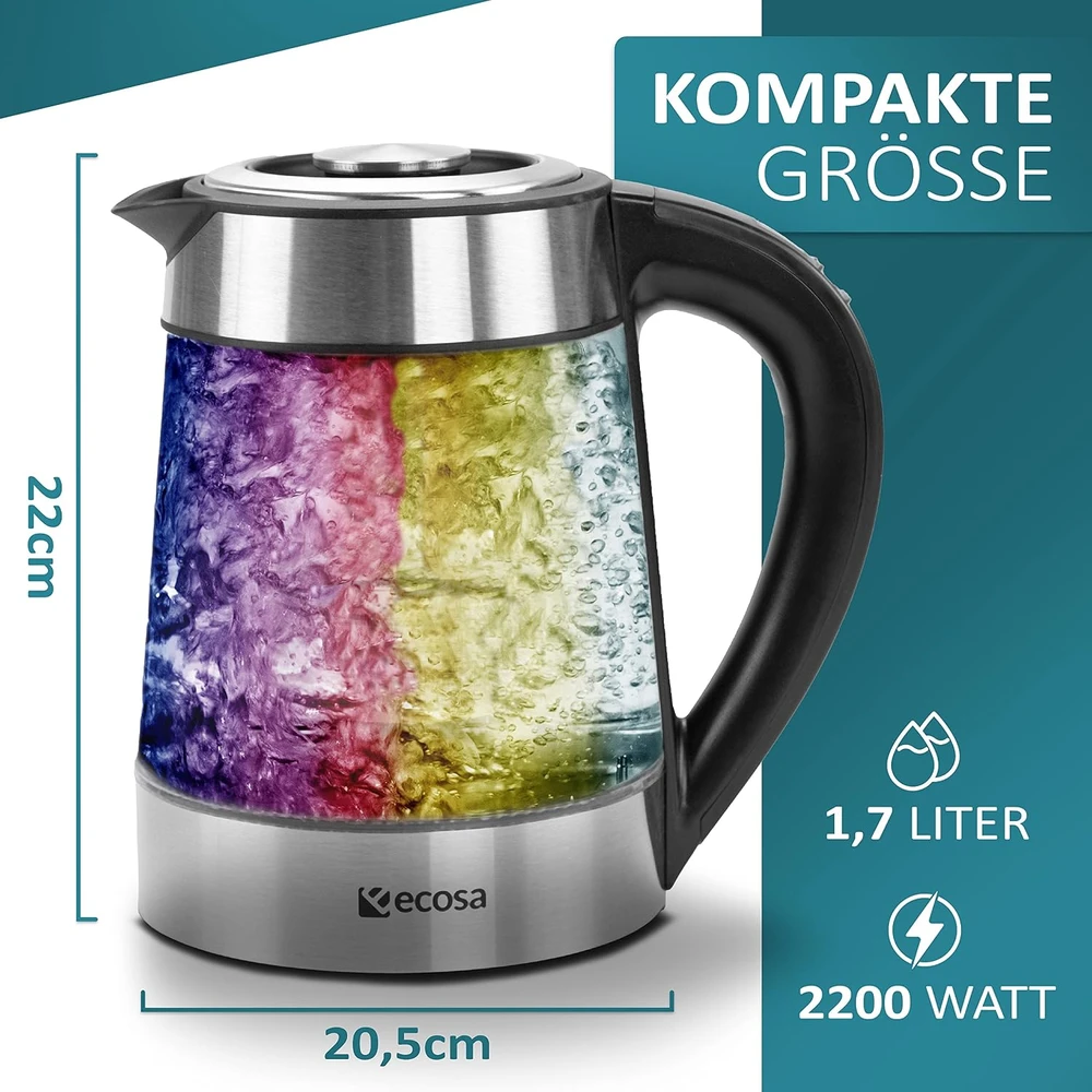 ecosa elektrinis stiklinis virdulys 1,7 l, 2200 W su temperatūros reguliavimu EO-600