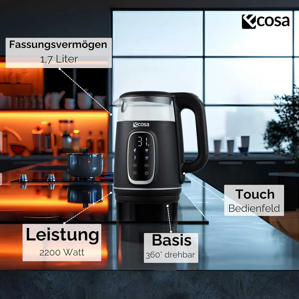 Ecosa elektrinis virdulys 1,7 l stiklinis su temperatūros reguliavimu, 2200 W, EO-697