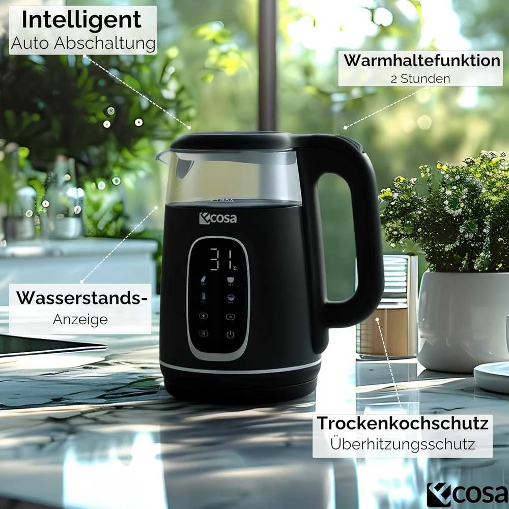 Ecosa elektrinis virdulys 1,7 l stiklinis su temperatūros reguliavimu, 2200 W, EO-697