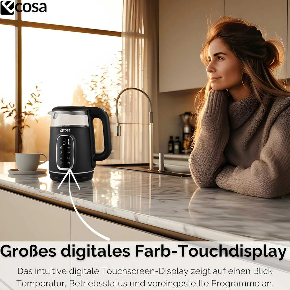 Ecosa elektrinis virdulys 1,7 l stiklinis su temperatūros reguliavimu, 2200 W, EO-697