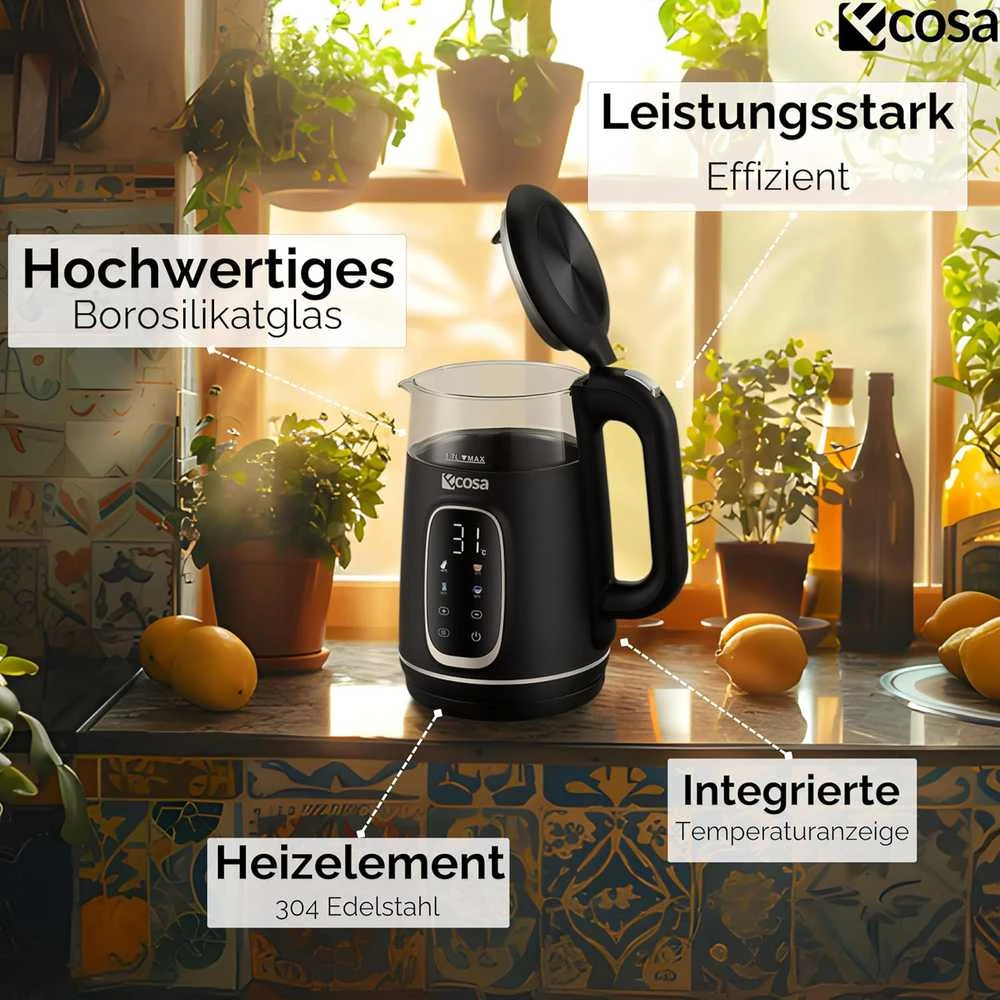 Ecosa elektrinis virdulys 1,7 l stiklinis su temperatūros reguliavimu, 2200 W, EO-697