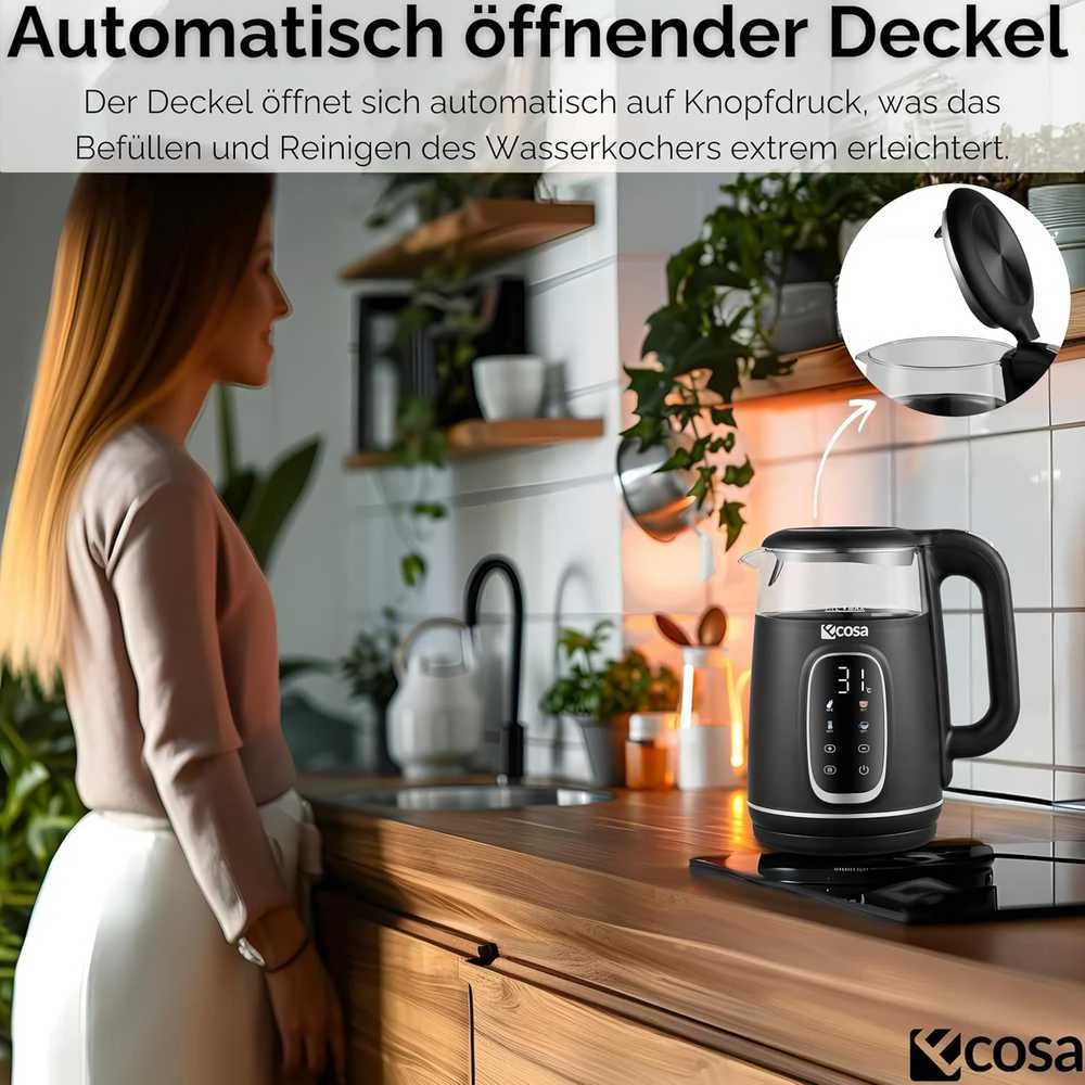 Ecosa elektrinis virdulys 1,7 l stiklinis su temperatūros reguliavimu, 2200 W, EO-697
