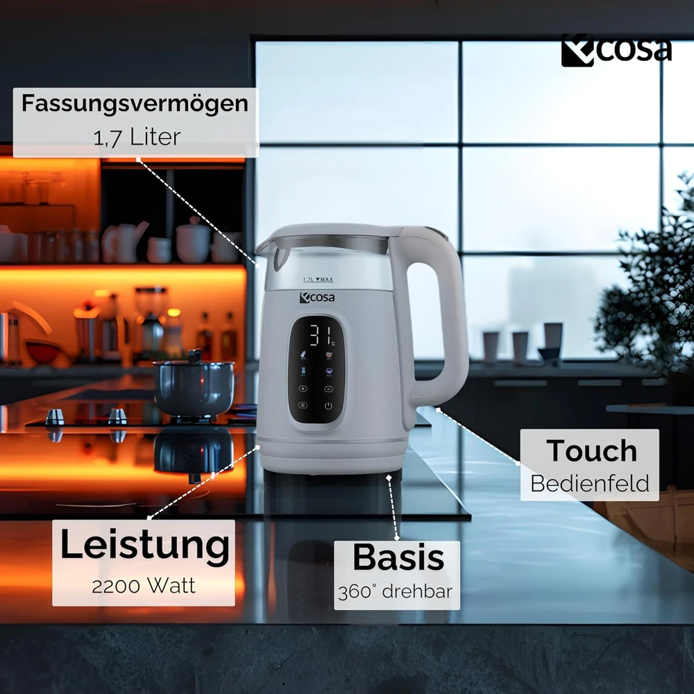 ecosa elektrinis virdulys su temperatūros reguliavimu, 1,7 l, 2200 W, EO-697