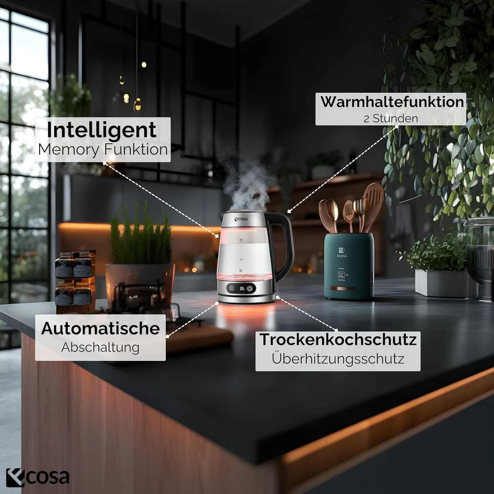 Ecosa stiklinis elektrinis virdulys su temperatūros reguliavimu, 1,8 l, 2200 W, nerūdijančio plieno korpusas, LED ekranas