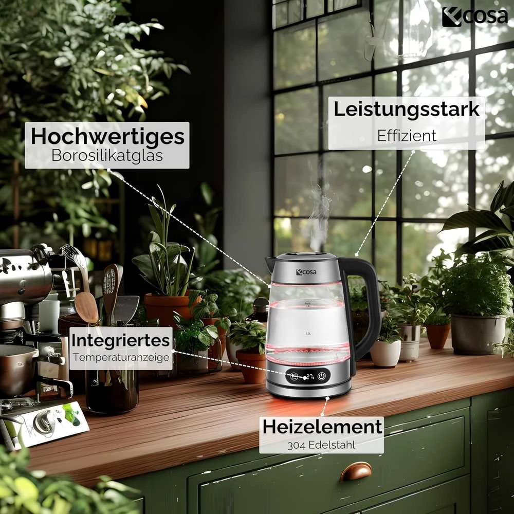 Ecosa stiklinis elektrinis virdulys su temperatūros reguliavimu, 1,8 l, 2200 W, nerūdijančio plieno korpusas, LED ekranas