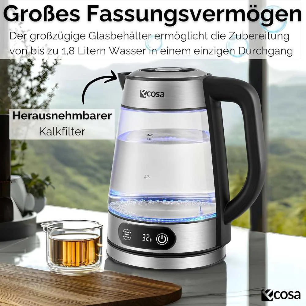 Ecosa stiklinis elektrinis virdulys su temperatūros reguliavimu, 1,8 l, 2200 W, nerūdijančio plieno korpusas, LED ekranas