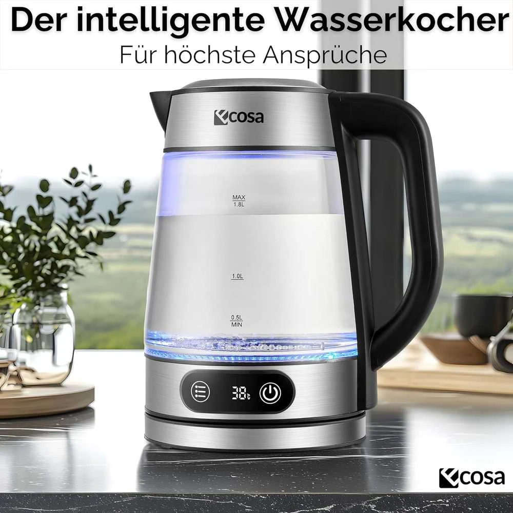 Ecosa stiklinis elektrinis virdulys su temperatūros reguliavimu, 1,8 l, 2200 W, nerūdijančio plieno korpusas, LED ekranas