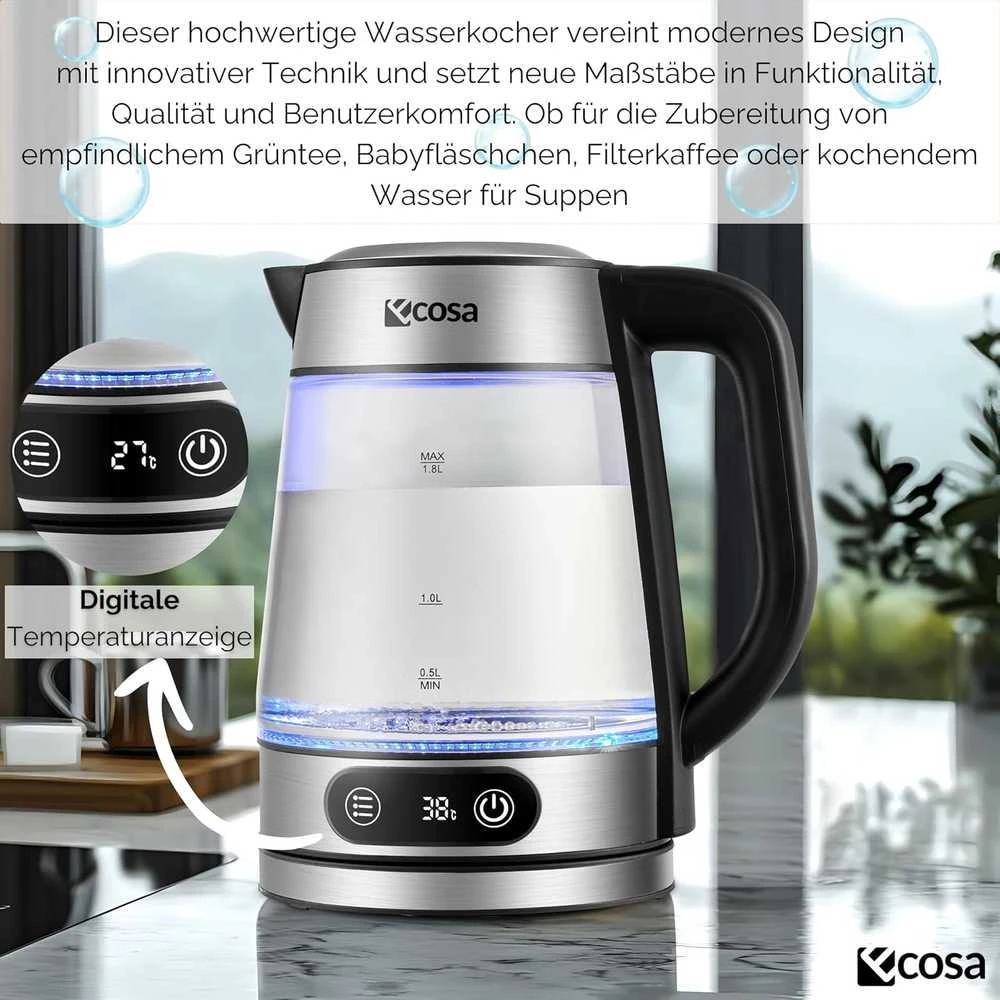 Ecosa stiklinis elektrinis virdulys su temperatūros reguliavimu, 1,8 l, 2200 W, nerūdijančio plieno korpusas, LED ekranas