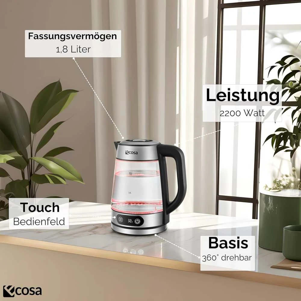 Ecosa stiklinis elektrinis virdulys su temperatūros reguliavimu, 1,8 l, 2200 W, nerūdijančio plieno korpusas, LED ekranas