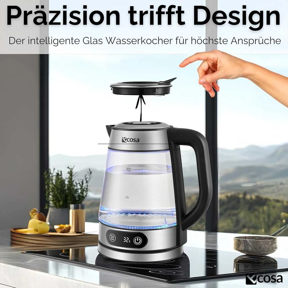 Ecosa stiklinis elektrinis virdulys su temperatūros reguliavimu, 1,8 l, 2200 W, nerūdijančio plieno korpusas, LED ekranas
