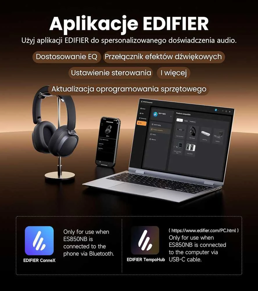 Edifier belaidės ausinės su aktyvia triukšmo slopinimo sistema, Bluetooth 5.4, Hi-Res, LDAC, ES850NB