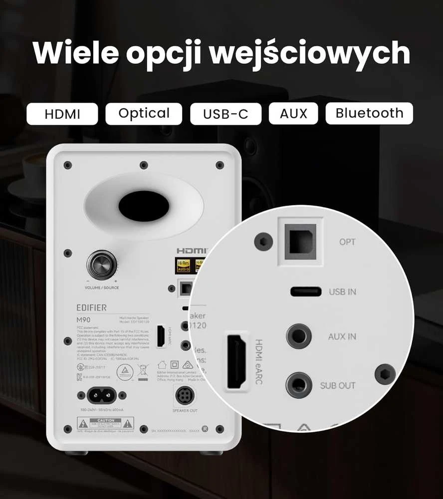 Kompiuterio kolonėlės Edifier lentyniniai garsiakalbiai 100 W Bluetooth 6.0 HDMI eARC AUX USB-C MDF balti M90