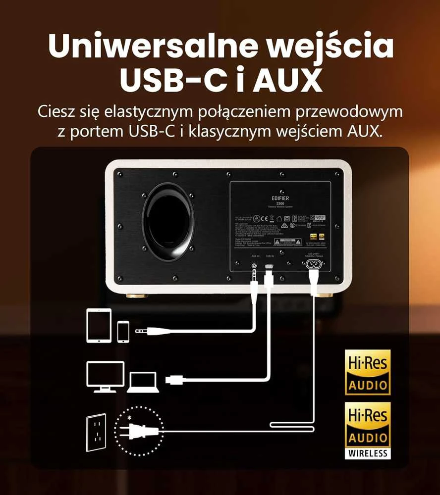 Kompiuterio kolonėlės Edifier lentyniniai garsiakalbiai S300, 80 W RMS, Bluetooth 5.4, Wi-Fi, USB-C, juodas riešutas