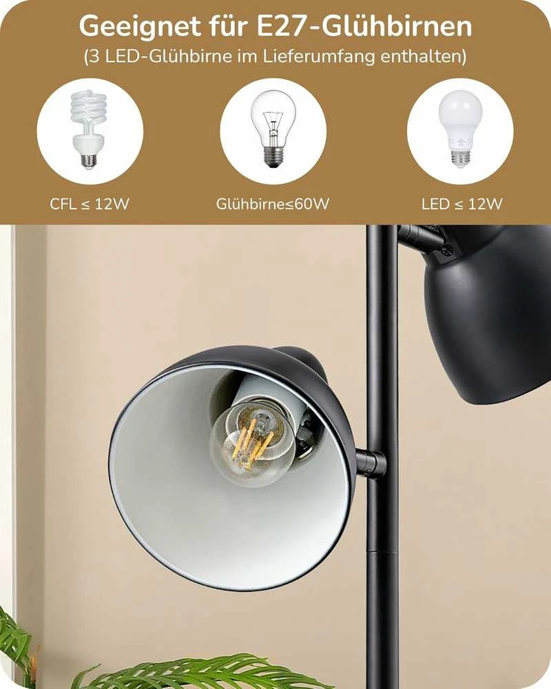 EDISHINE grindų lempa, 163 cm, 3 lemputės, juoda, E27 LED, reguliuojama, metalinė, DHLFL03E1