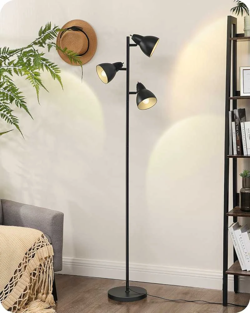 EDISHINE grindų lempa, 163 cm, 3 lemputės, juoda, E27 LED, reguliuojama, metalinė, DHLFL03E1