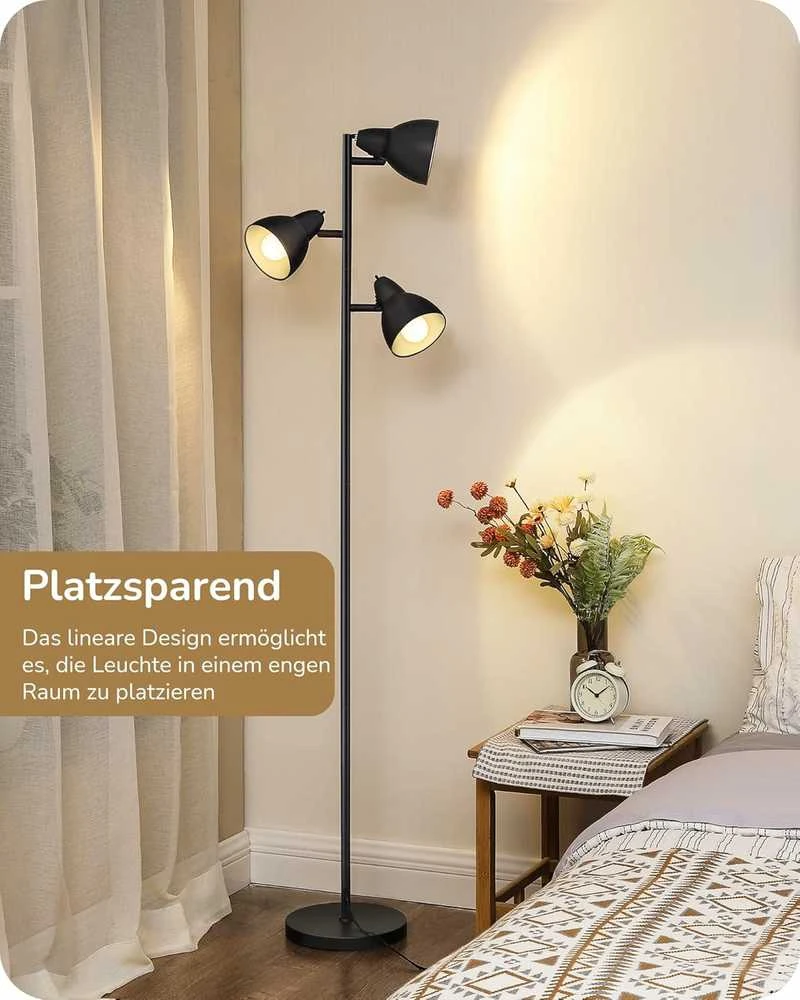 EDISHINE grindų lempa, 163 cm, 3 lemputės, juoda, E27 LED, reguliuojama, metalinė, DHLFL03E1