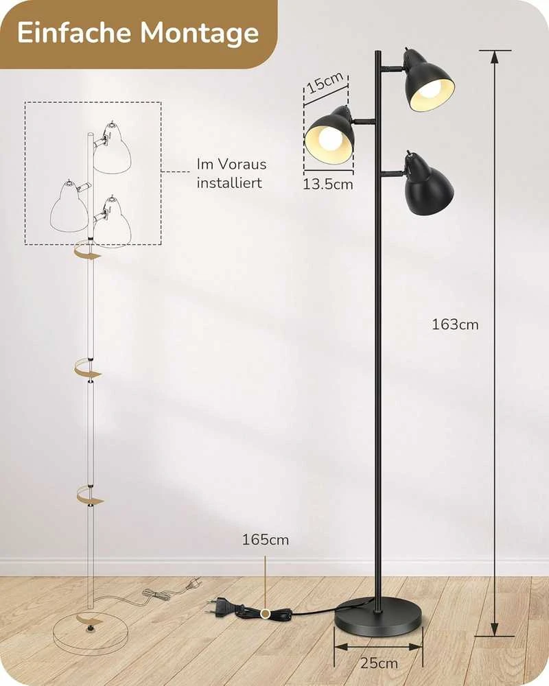 EDISHINE grindų lempa, 163 cm, 3 lemputės, juoda, E27 LED, reguliuojama, metalinė, DHLFL03E1