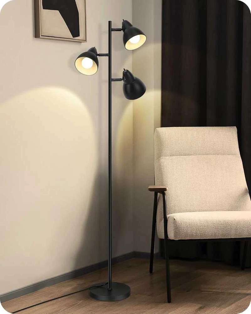 EDISHINE grindų lempa, 163 cm, 3 lemputės, juoda, E27 LED, reguliuojama, metalinė, DHLFL03E1