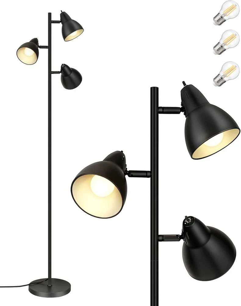 EDISHINE grindų lempa, 163 cm, 3 lemputės, juoda, E27 LED, reguliuojama, metalinė, DHLFL03E1