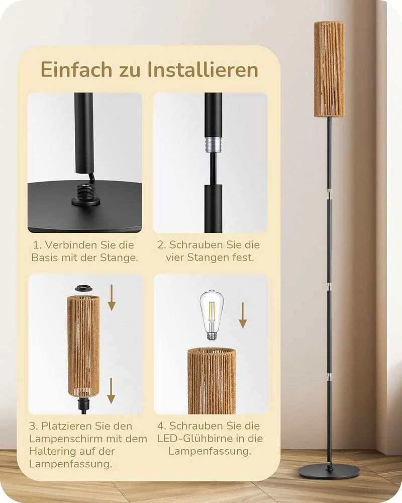 EDISHINE grindų lempa LED, tinkleliu dengtas abažūras, 165 cm aukščio, E27 lizdas, boho stilius