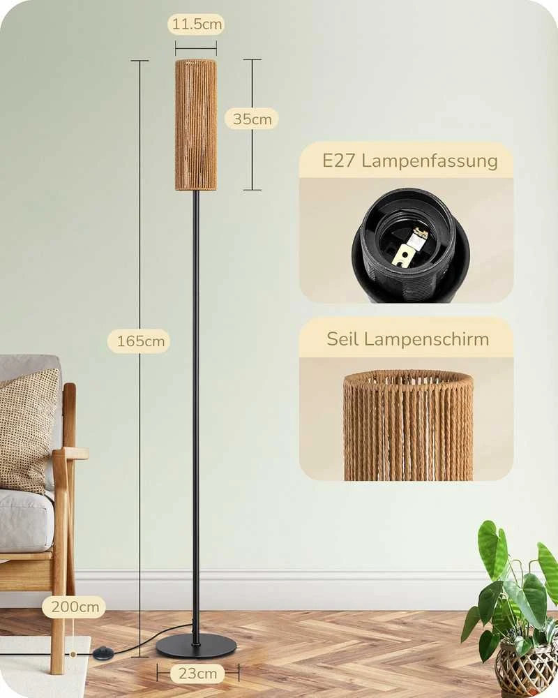 EDISHINE grindų lempa LED, tinkleliu dengtas abažūras, 165 cm aukščio, E27 lizdas, boho stilius