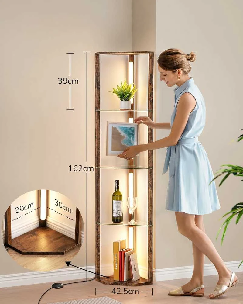 EDISHINE grindų lempa su 4 stiklinėmis lentynomis, 20 W LED, šviesos reguliavimas, ST-F31048