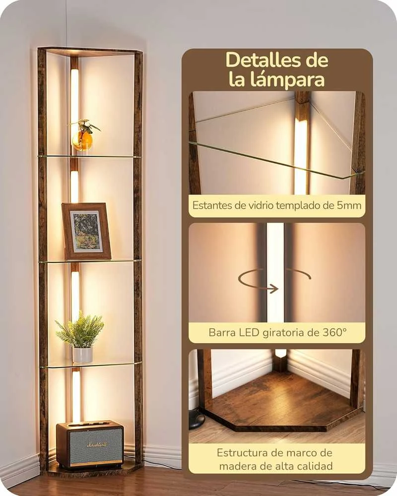 EDISHINE grindų lempa su 4 stiklinėmis lentynomis, 20 W LED, šviesos reguliavimas, ST-F31048
