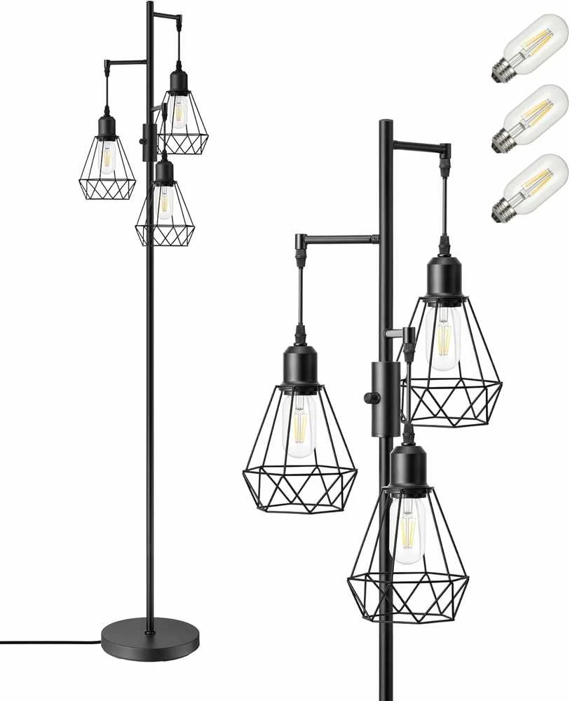EDISHINE grindų lemputė, reguliuojama 163 cm, LED E27, metalinis šviestuvas, juoda, trys gaubtai, vintage stilius, KL-DF075